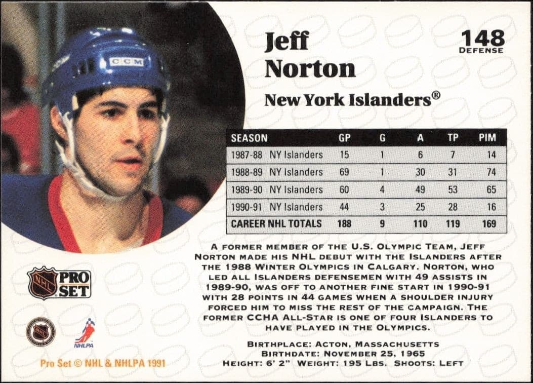1991-92 Pro Set Jeff Norton #148 hockey trading card back