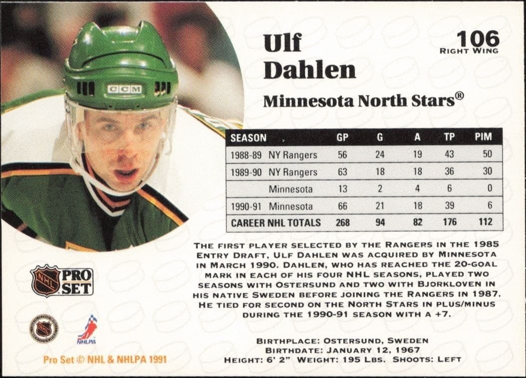 1991-92 Pro Set Ulf Dahlen #106 hockey trading card back