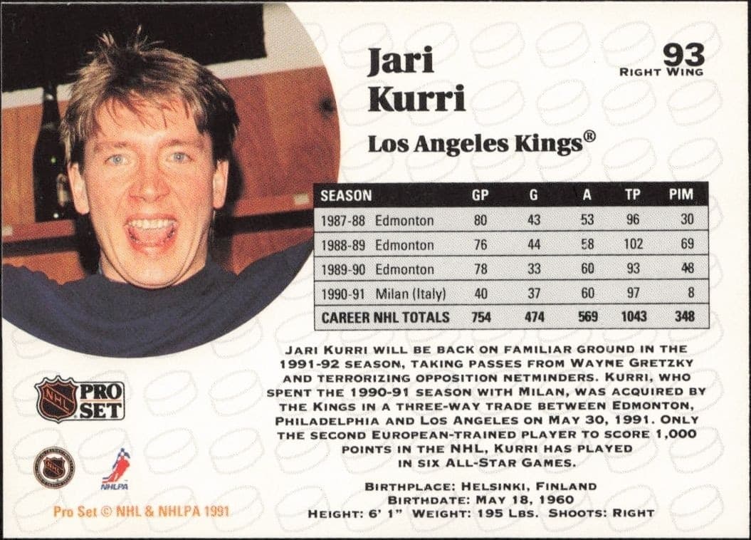 1991-92 Pro Set Jari Kurri #93 hockey trading card back