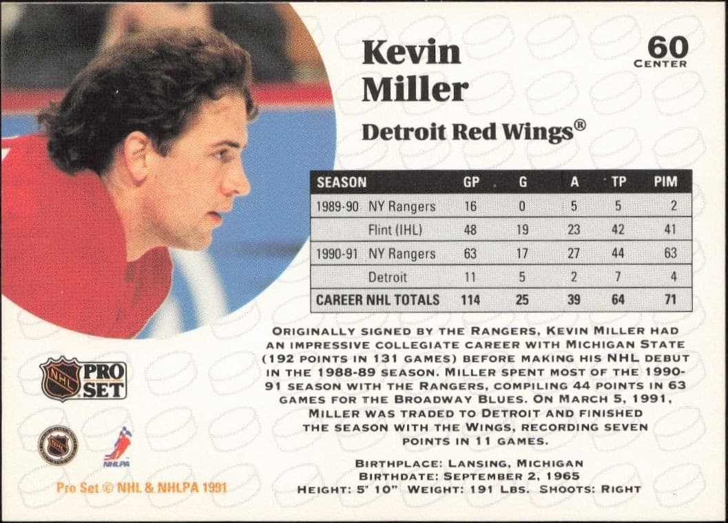 1991-92 Pro Set Kevin Miller #60 hockey trading card back
