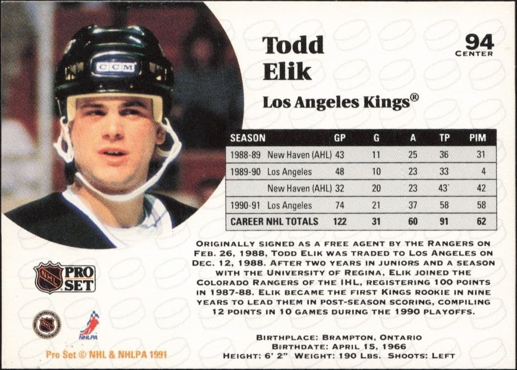 1991-92 Pro Set Todd Elik #94 hockey trading card back
