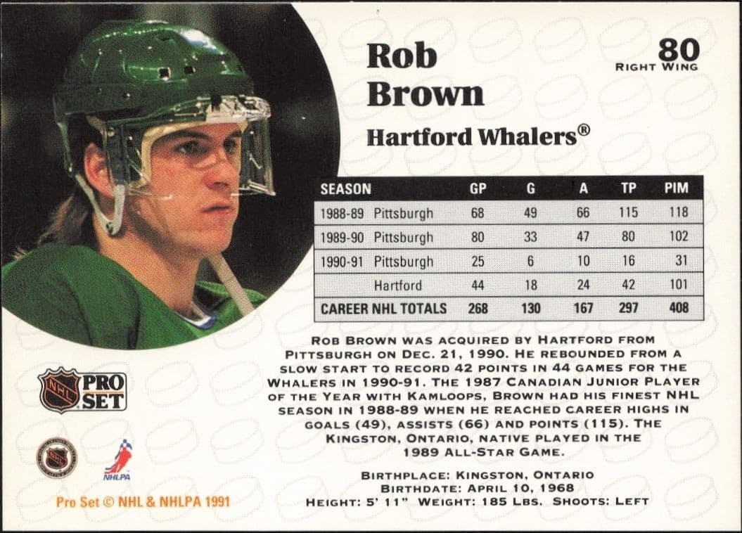 1991-92 Pro Set Rob Brown #80 hockey trading card back