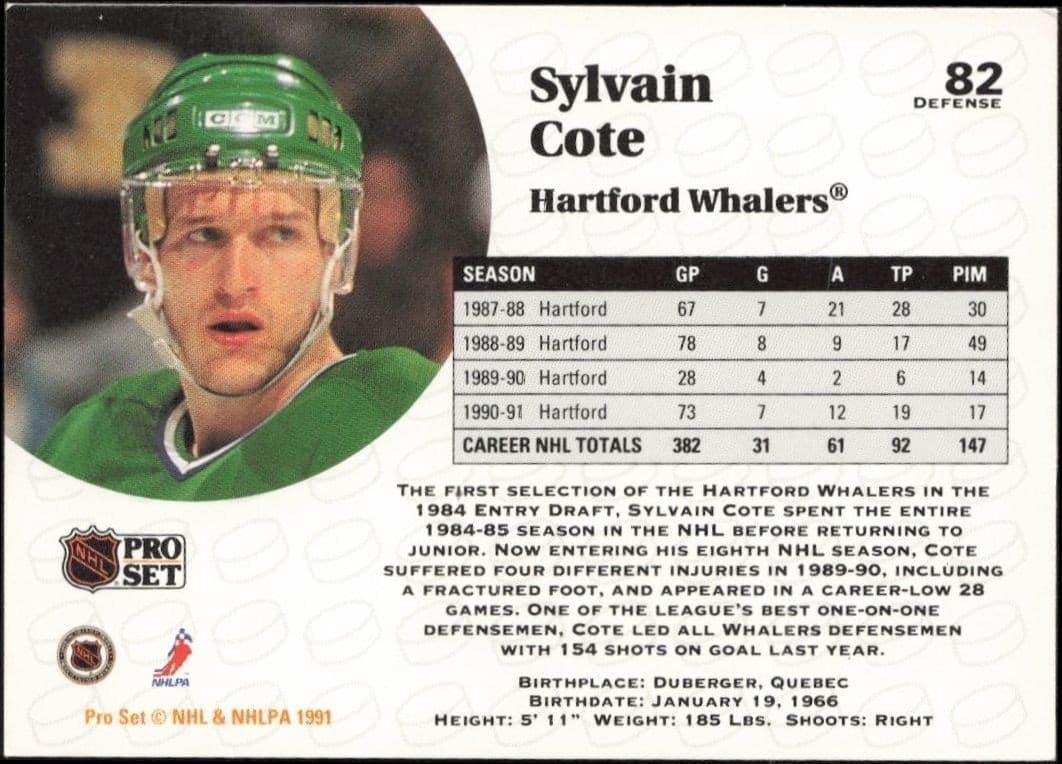 1991-92 Pro Set Sylvain Cote #82 hockey trading card back