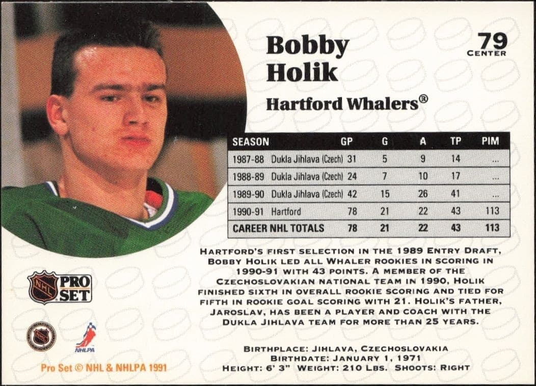 1991-92 Pro Set Bobby Holik #79 hockey trading card back