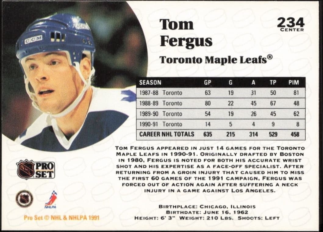1991-92 Pro Set Tom Fergus #234 hockey trading card back