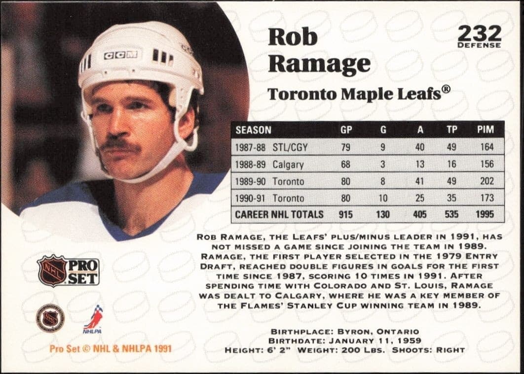 1991-92 Pro Set Rob Ramage #232 hockey trading card back