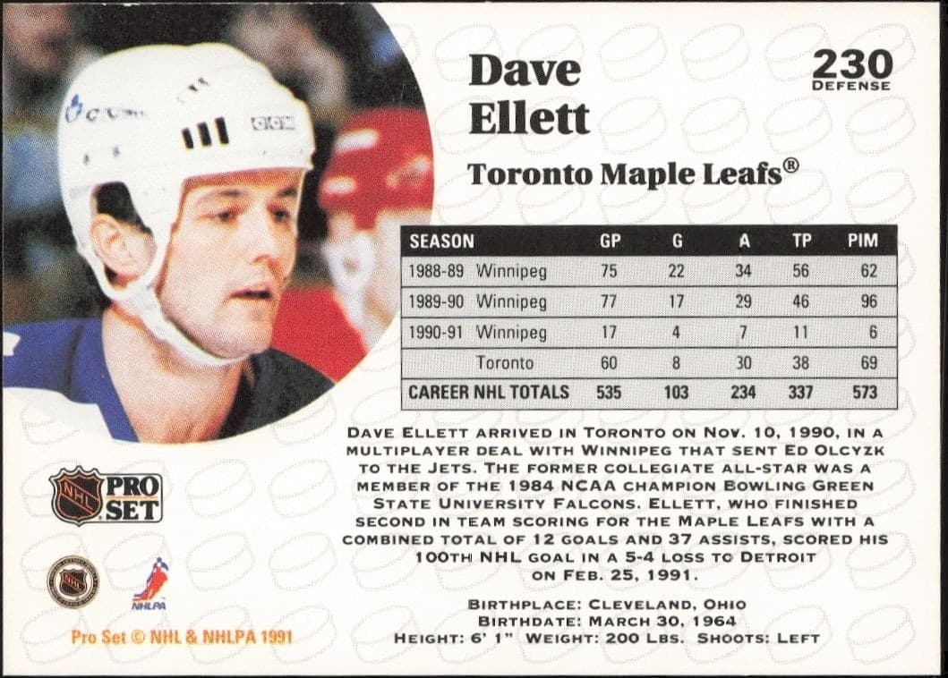 1991-92 Pro Set Dave Ellett #230 hockey trading card back