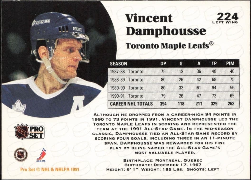 1991-92 Pro Set Vincent Damphousse #224 hockey trading card back