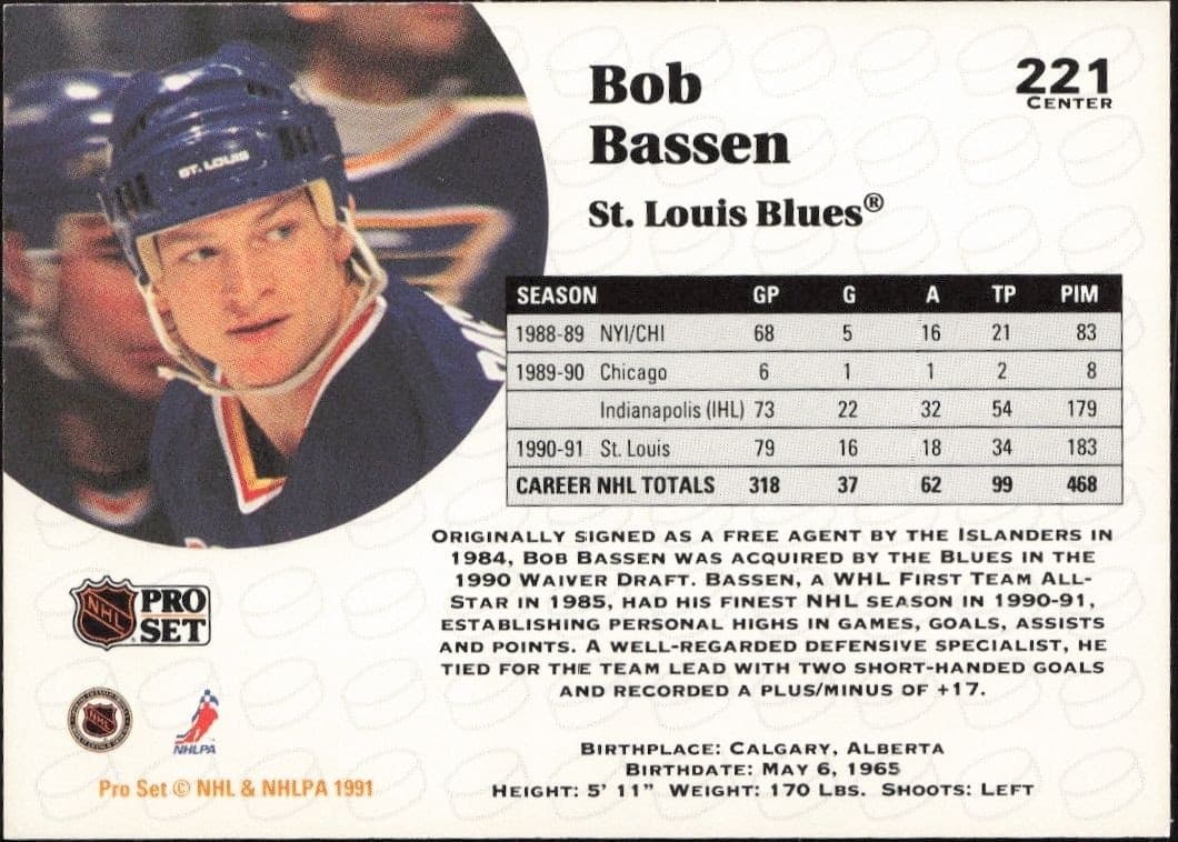 1991-92 Pro Set Bob Bassen #221 hockey trading card back