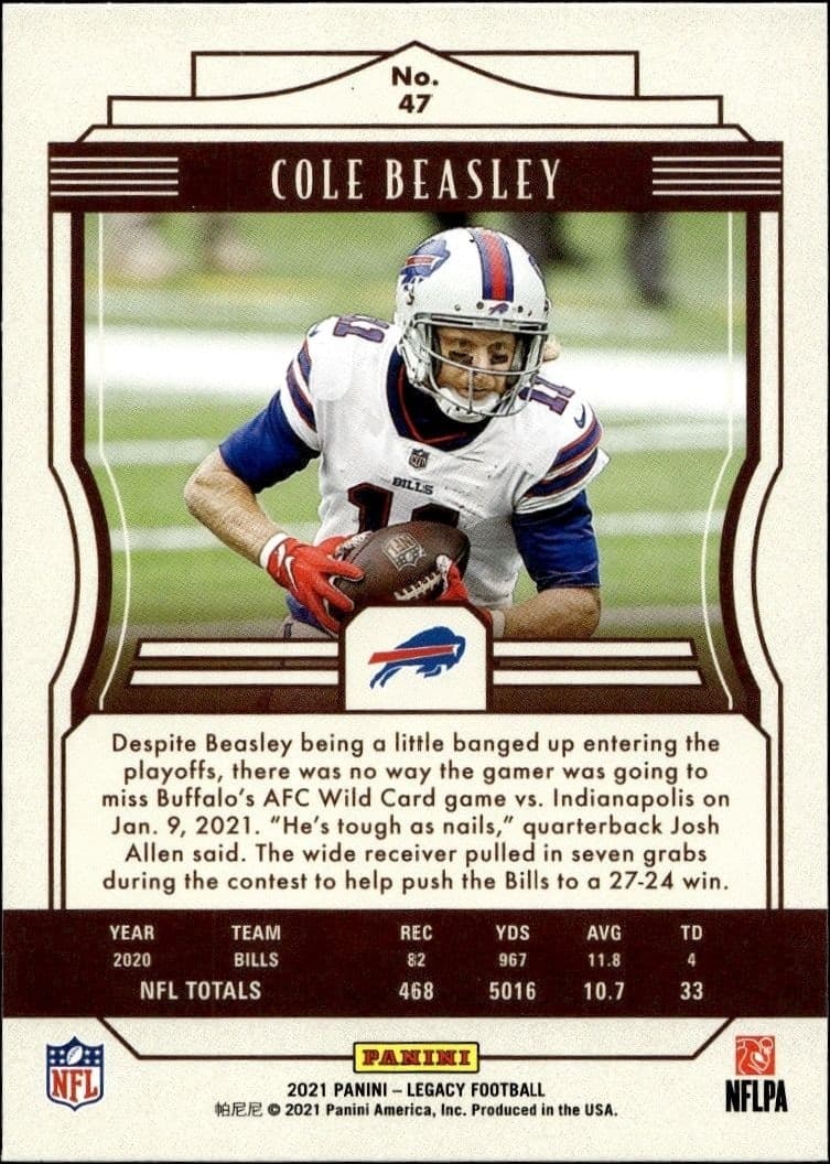 2021 Panini Cole Beasley #47 football trading card back