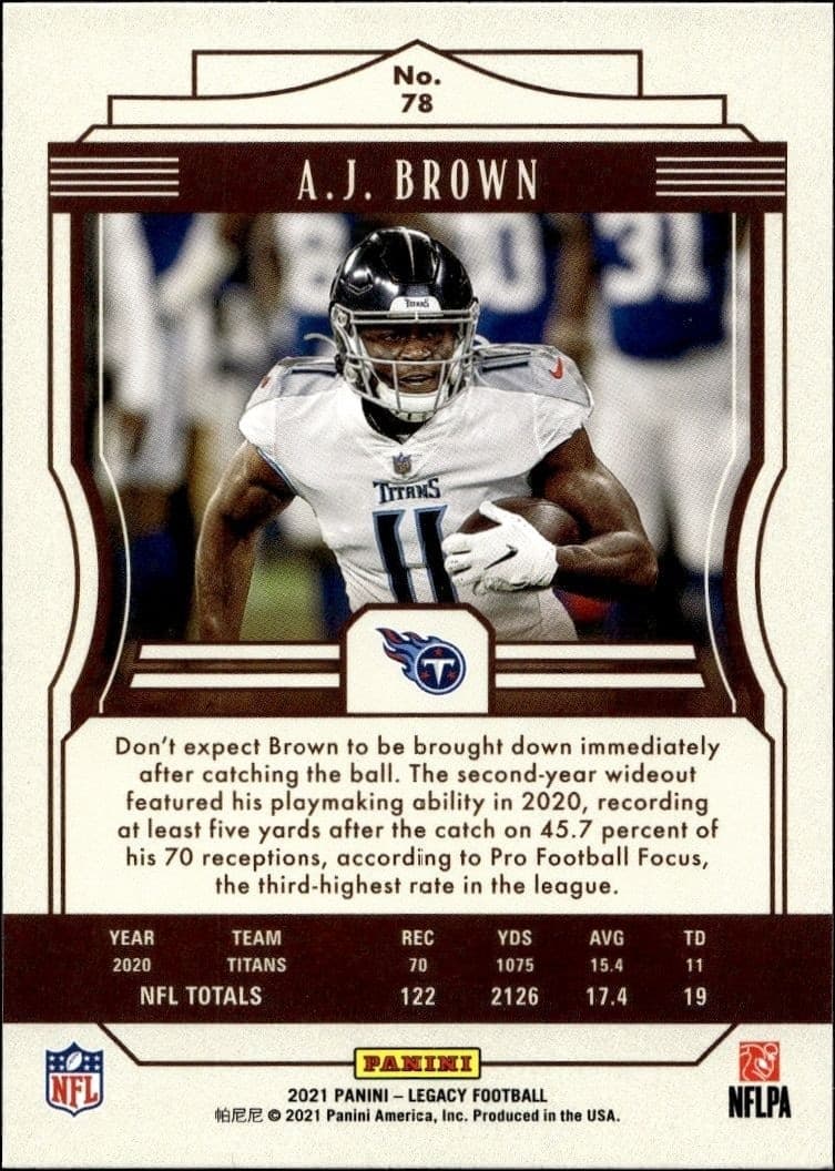 2021 Panini A.J. Brown #78 football trading card back