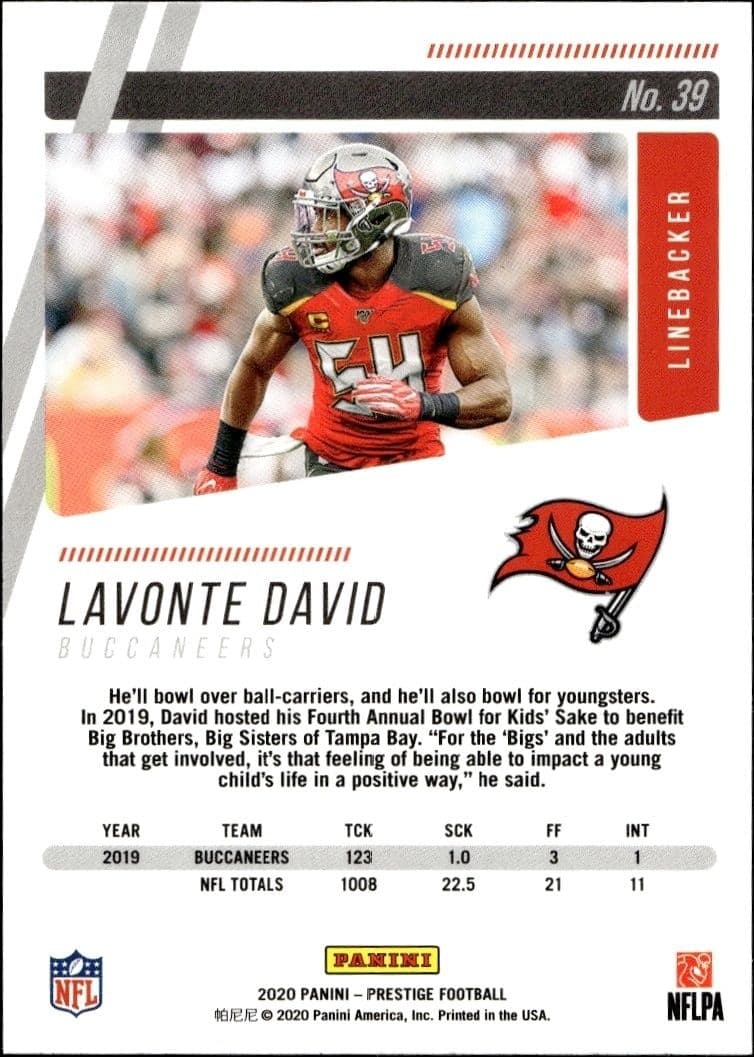 2020 Panini Lavonte David #39 football trading card back