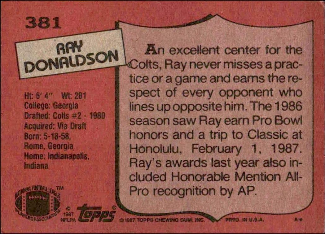 1987 Topps Ray Donaldson #381 football trading card back