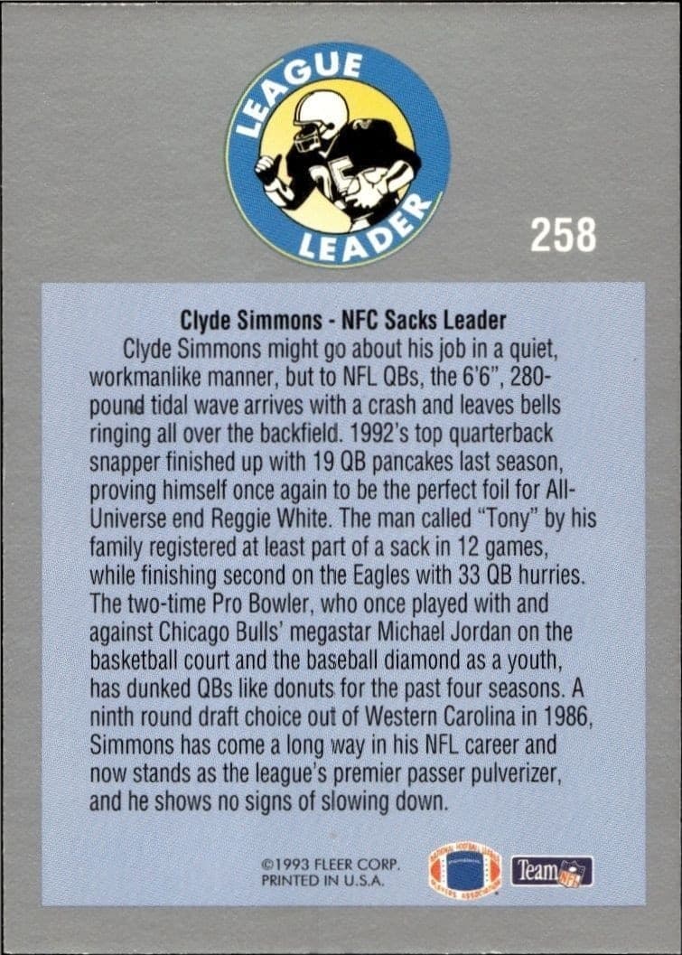 1993 Fleer Clyde Simmons #258 football trading card back