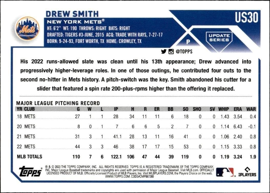 2023 Topps Update Series Drew Smith #US30 baseball trading card back
