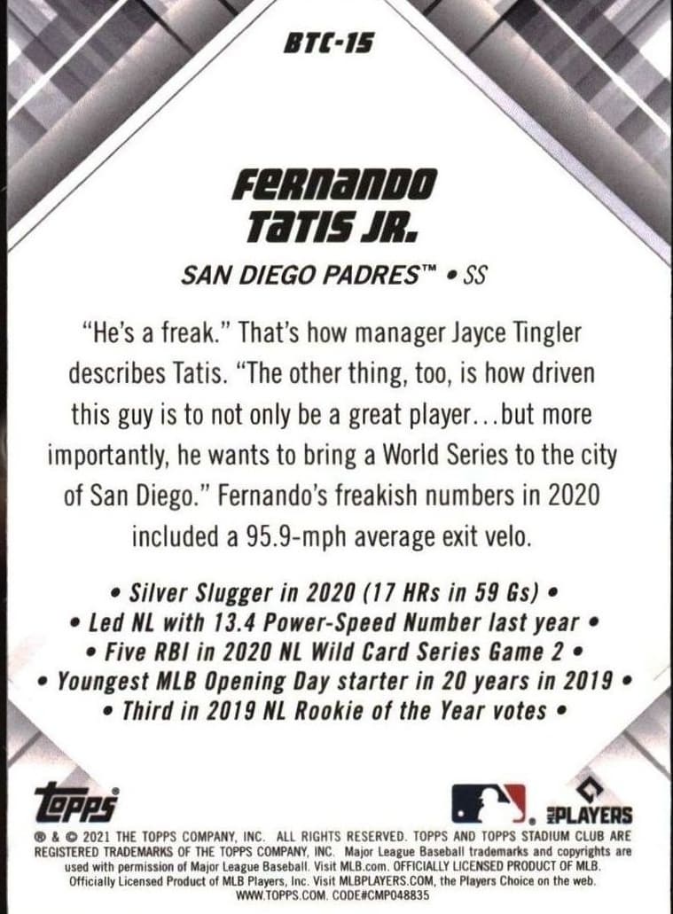 2021 Topps Stadium Club Chrome Fernando Tatis Jr. #BTC-15 baseball trading card back