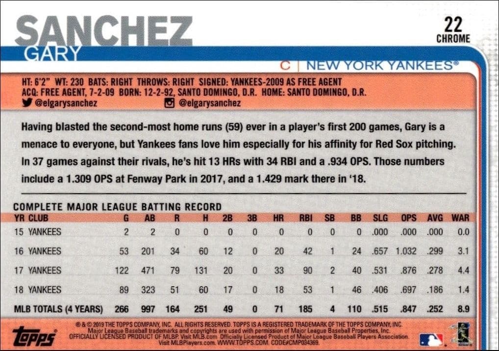 2019 Topps Chrome Gary Sanchez #353 baseball trading card back
