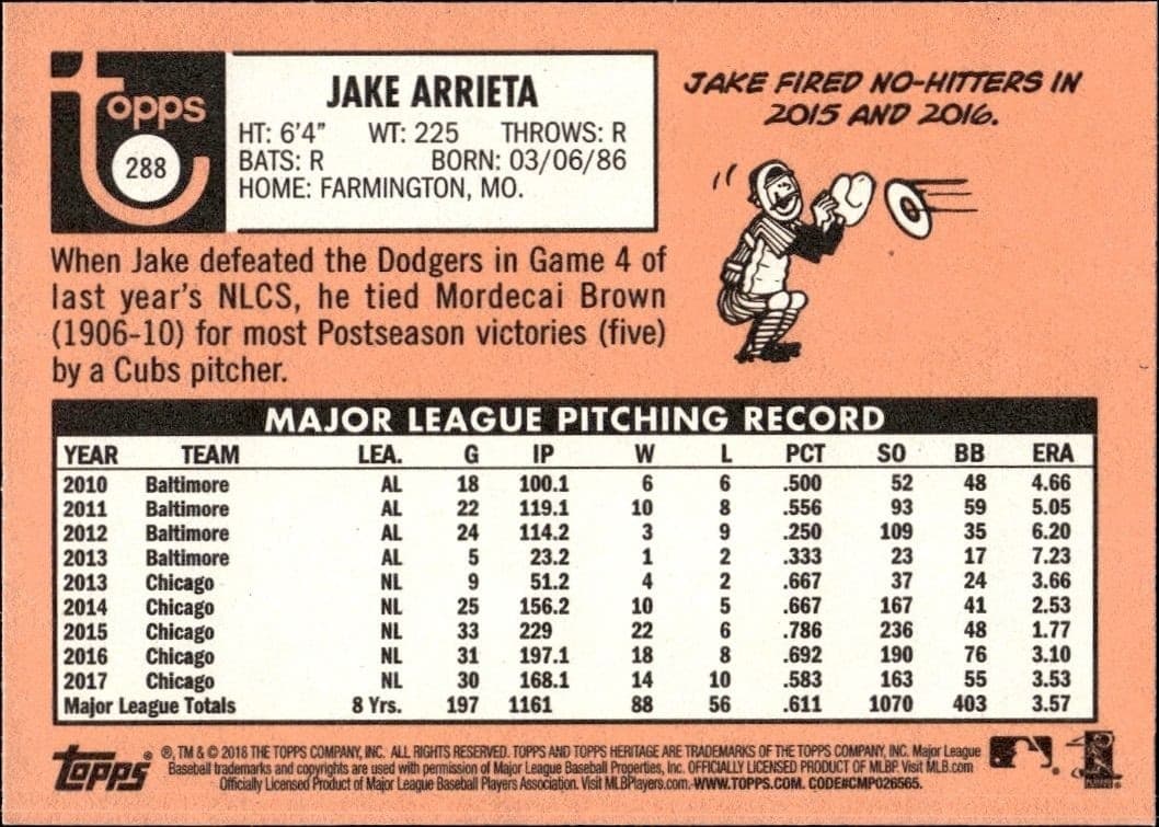 2018 Topps Heritage Jake Arrieta #288 baseball trading card back