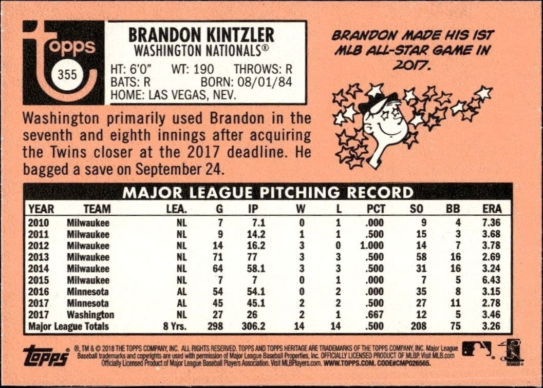 2018 Topps Heritage Brandon Kintzler #355 baseball trading card back
