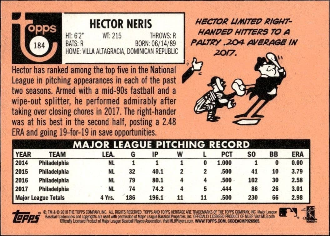 2018 Topps Heritage Hector Neris #184 baseball trading card back