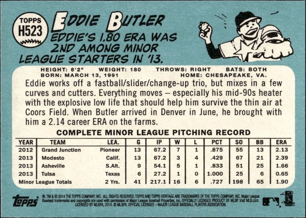 2014 Topps Heritage High Number Eddie Butler #H523 baseball trading card back