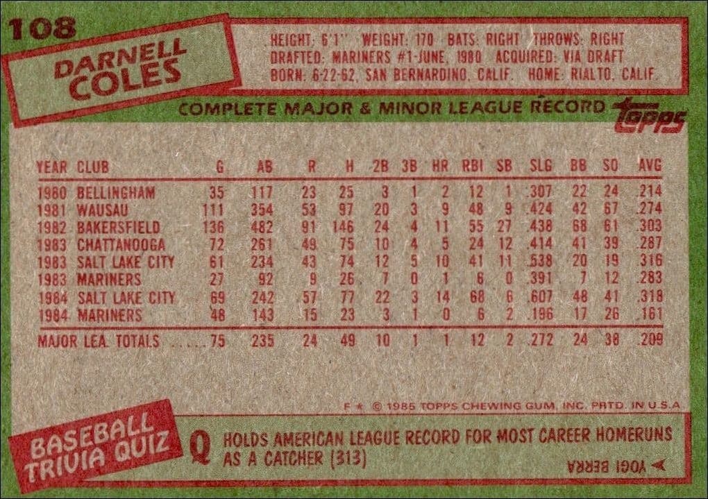 1985 Topps Darnell Coles #108 baseball trading card back