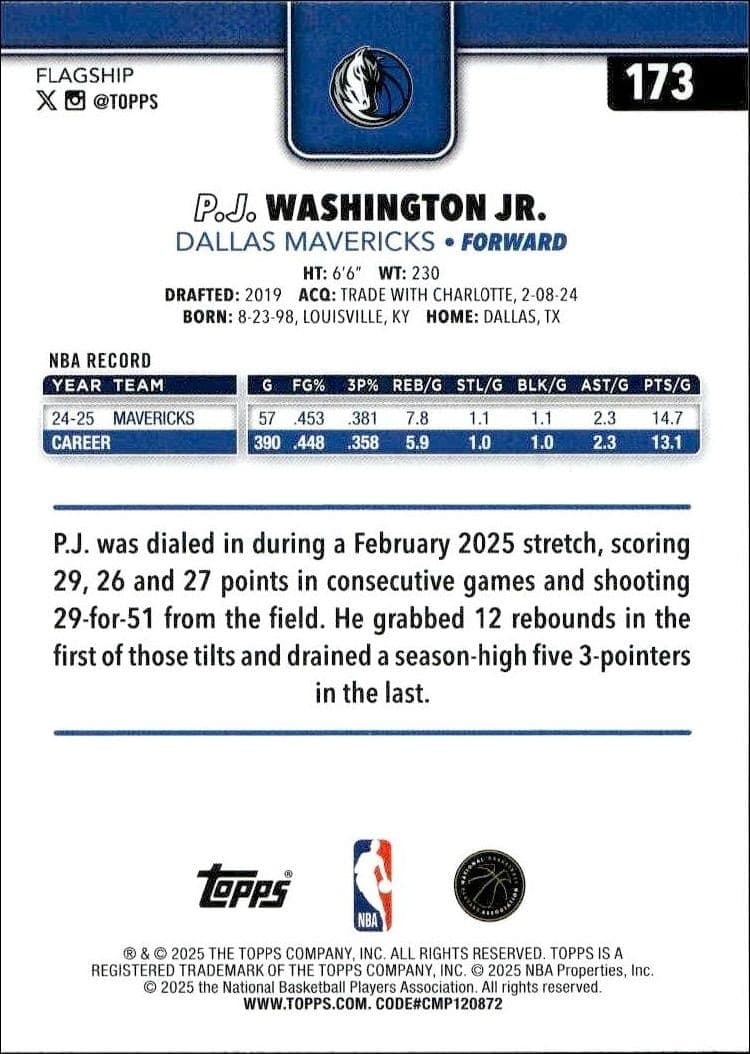 2025-26 Topps P.J. Washington Jr. #173 basketball trading card back