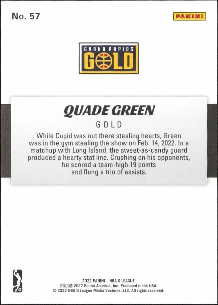2021-22 Panini NBA G League Quade Green #57 basketball trading card back
