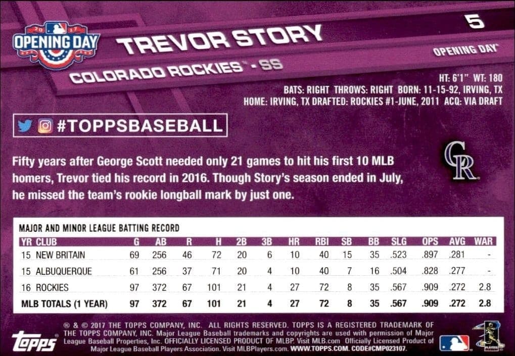 2017 Topps Trevor Story #5 baseball trading card back