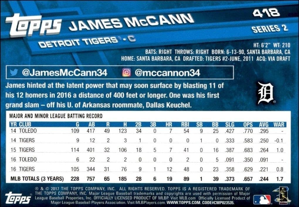 2017 Topps Series 2 James McCann #418 baseball trading card back