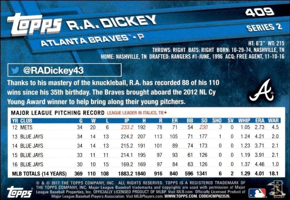 2017 Topps Series 2 R.A. Dickey #409 baseball trading card back