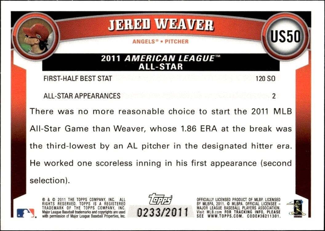 2011 Topps Update Series Jered Weaver #US50 baseball trading card back