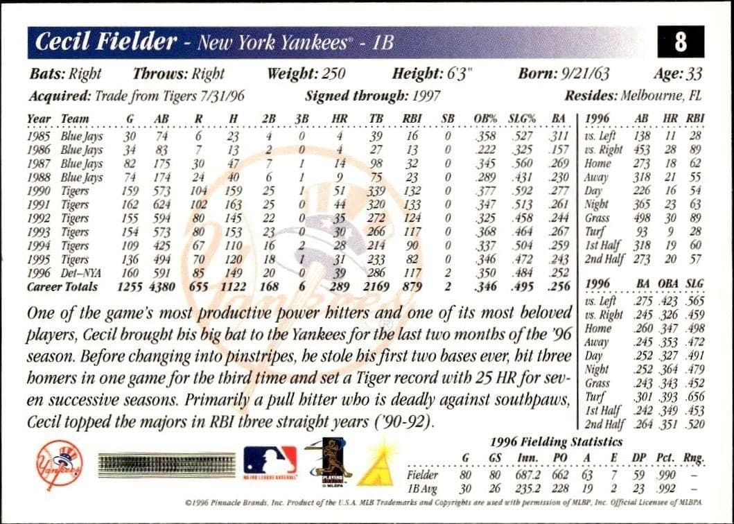 1997 Pinnacle Score Cecil Fielder #2 baseball trading card back