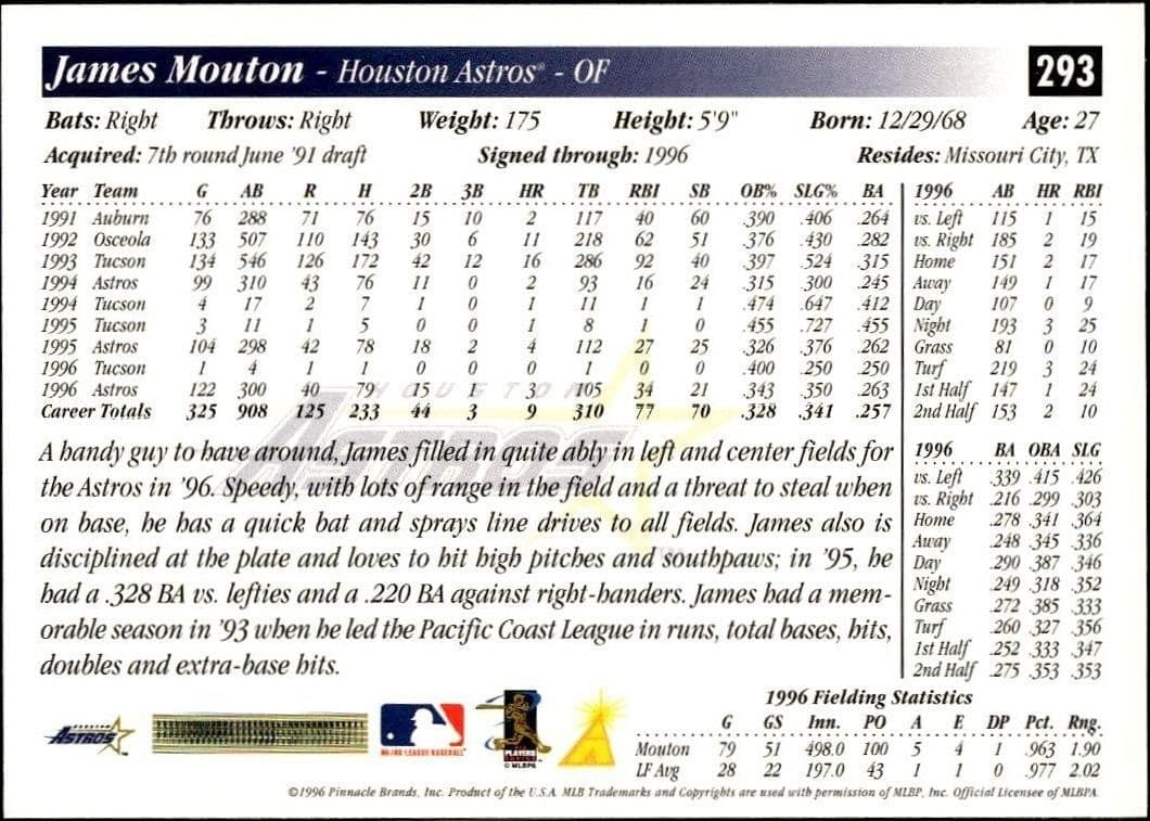 1997 Pinnacle Score James Mouton #293 baseball trading card back