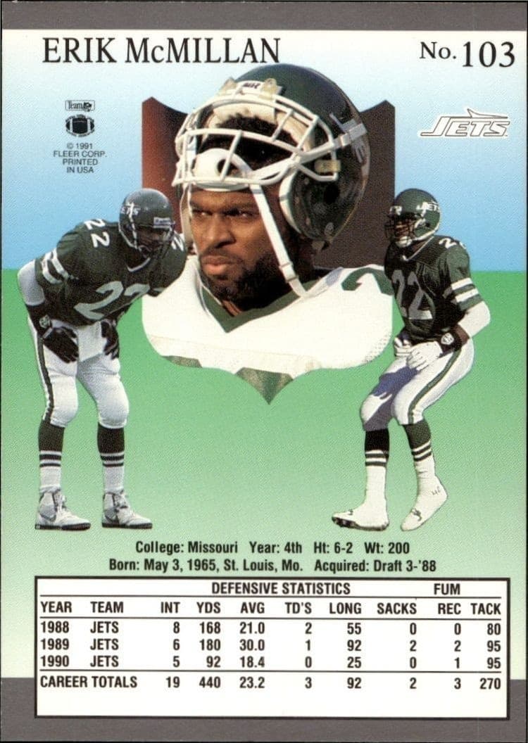1991 Fleer Ultra Erik McMillan #103 football trading card back