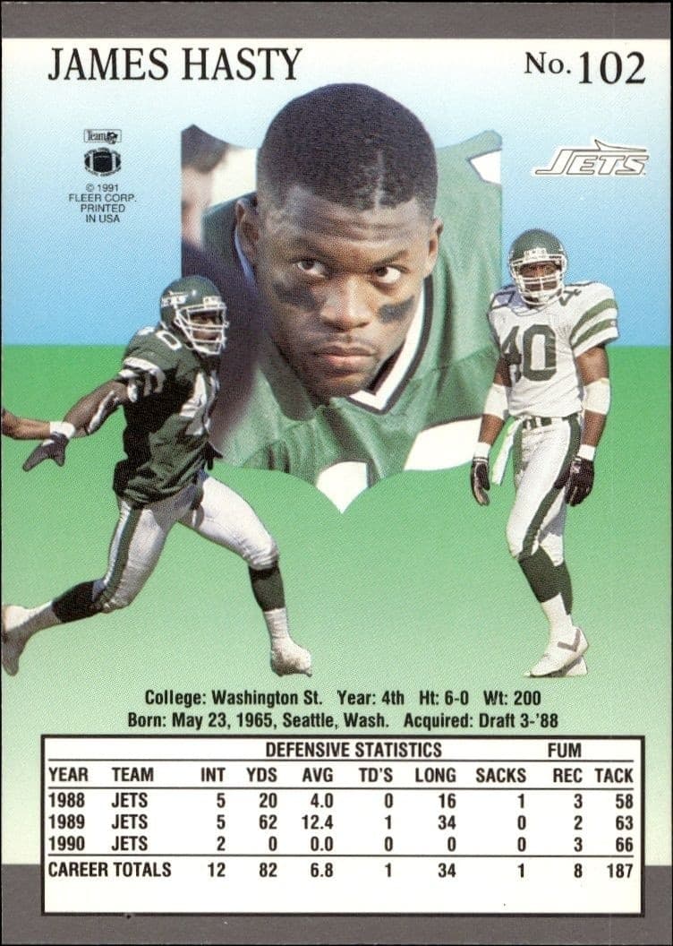 1991 Fleer Ultra Ultra James Hasty #102 football trading card back