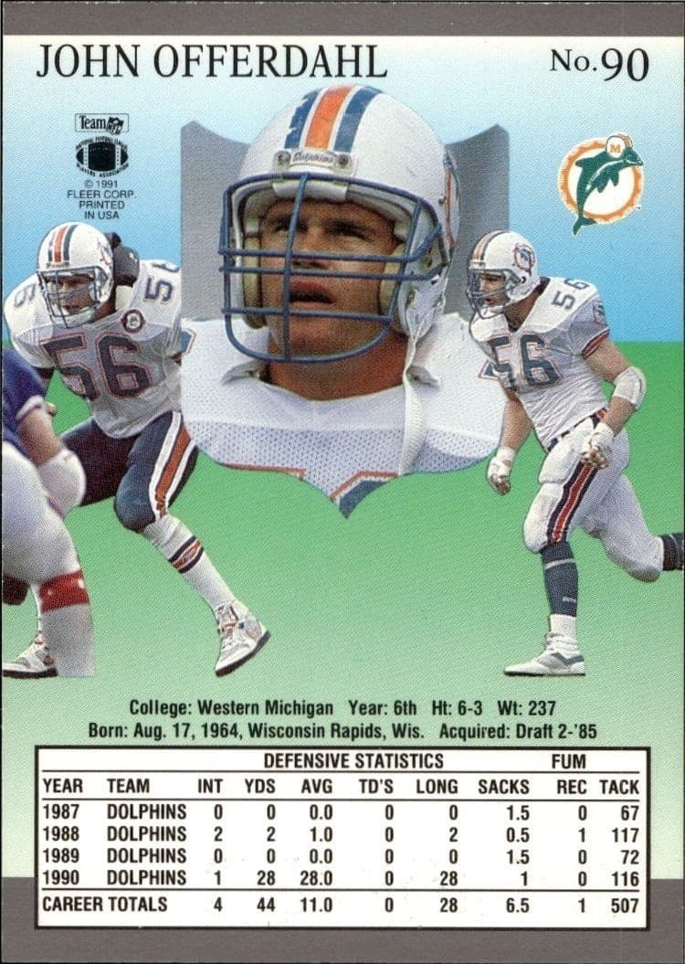 1991 Fleer Ultra John Offerdahl #90 football trading card back