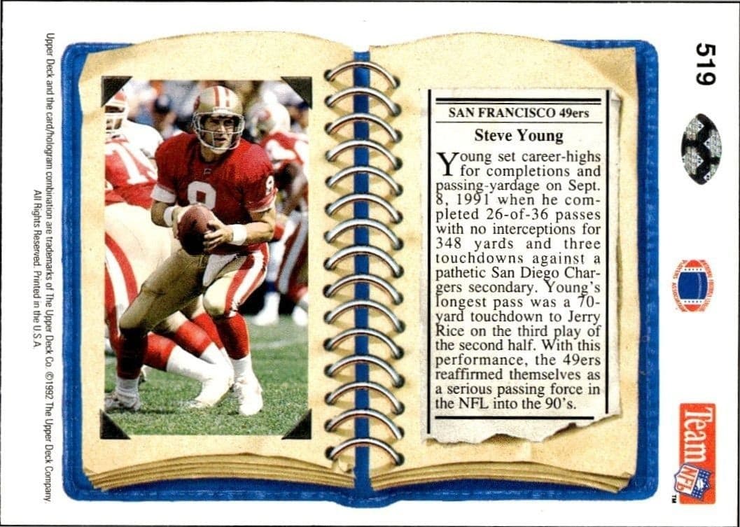 1992 Upper Deck Steve Young #519 football trading card back