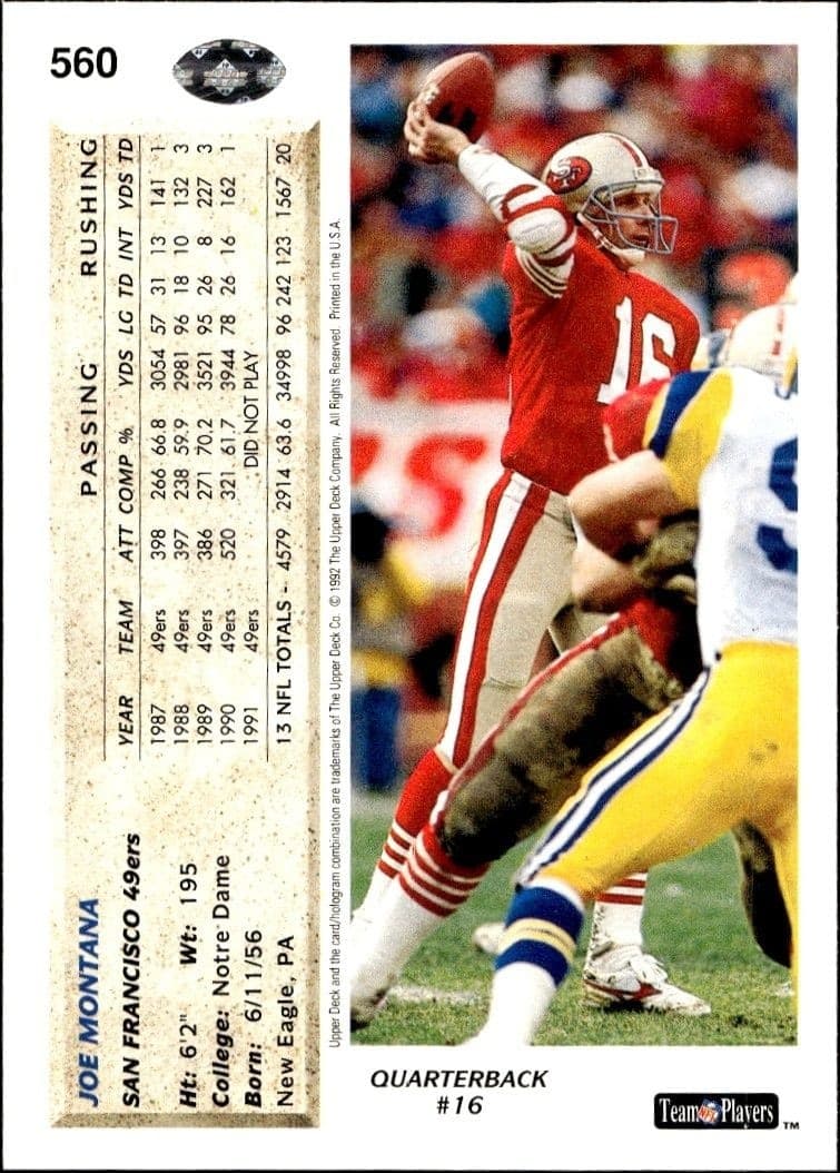1992 Upper Deck Joe Montana #560 football trading card back