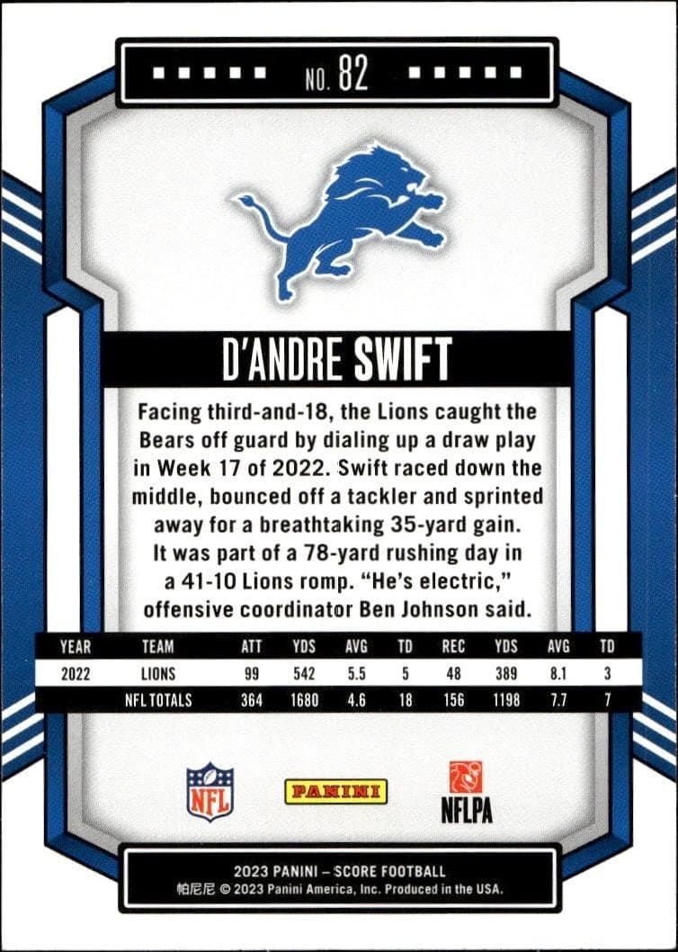 2023 Panini Score D'Andre Swift #82 football trading card back
