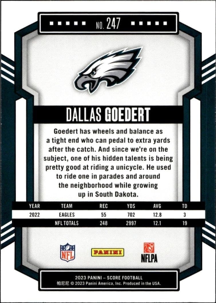 2023 Panini Score Dallas Goedert #247 football trading card back