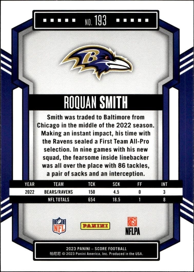 2023 Panini Score Roquan Smith #193 football trading card back