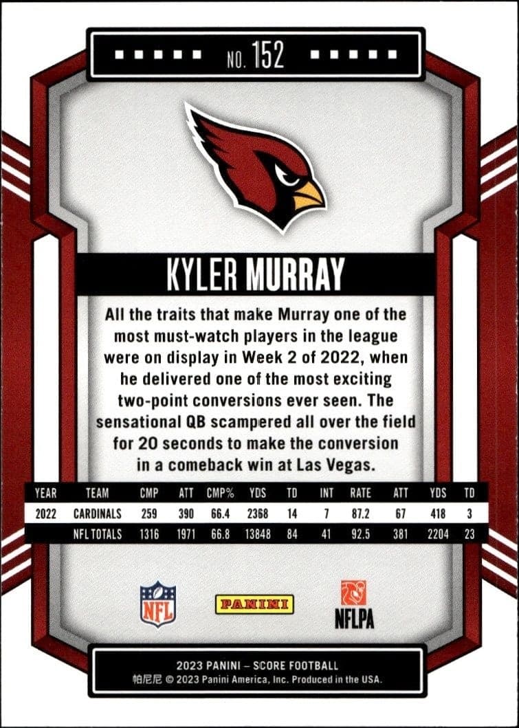 2023 Panini Score Kyler Murray #152 football trading card back