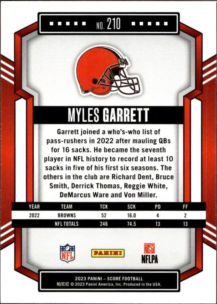 2023 Panini Score Myles Garrett #210 football trading card back