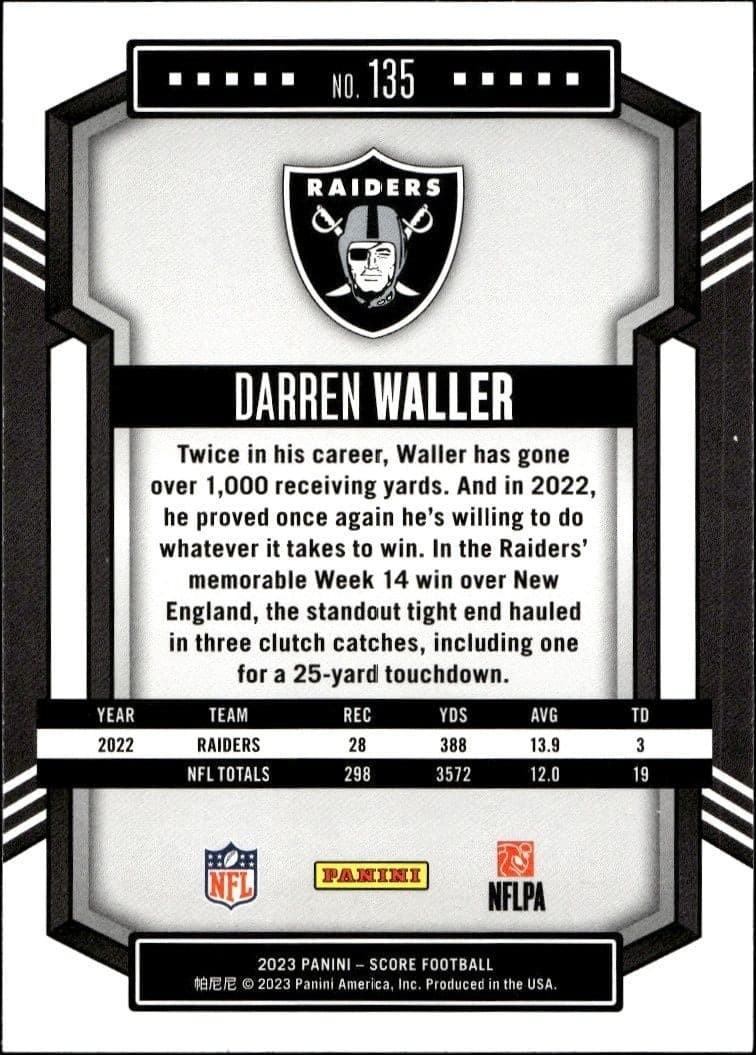 2023 Panini Score Darren Waller #135 football trading card back