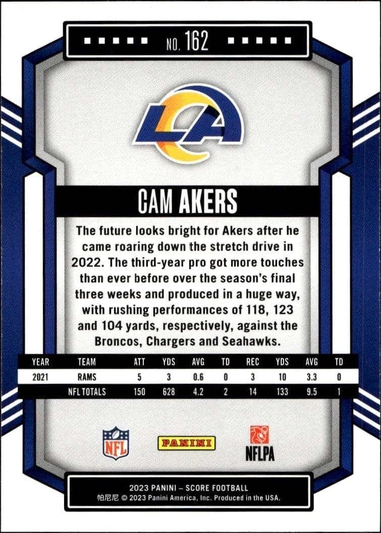 2023 Panini Score Cam Akers #162 football trading card back