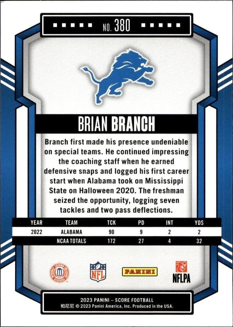 2023 Panini Score Brian Branch #380 football trading card back