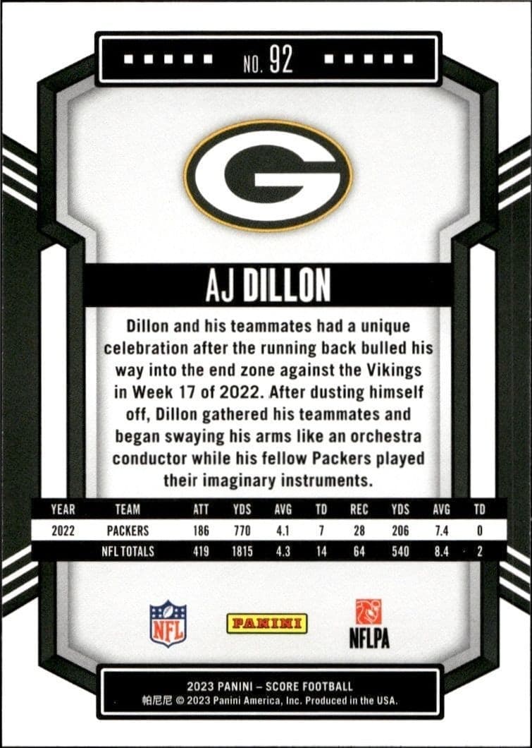 2023 Panini Score AJ Dillon #92 football trading card back
