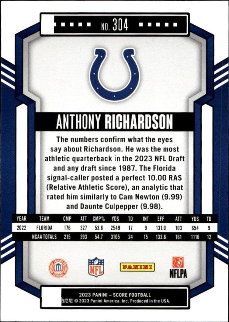 2023 Panini Score Anthony Richardson #304 football trading card back