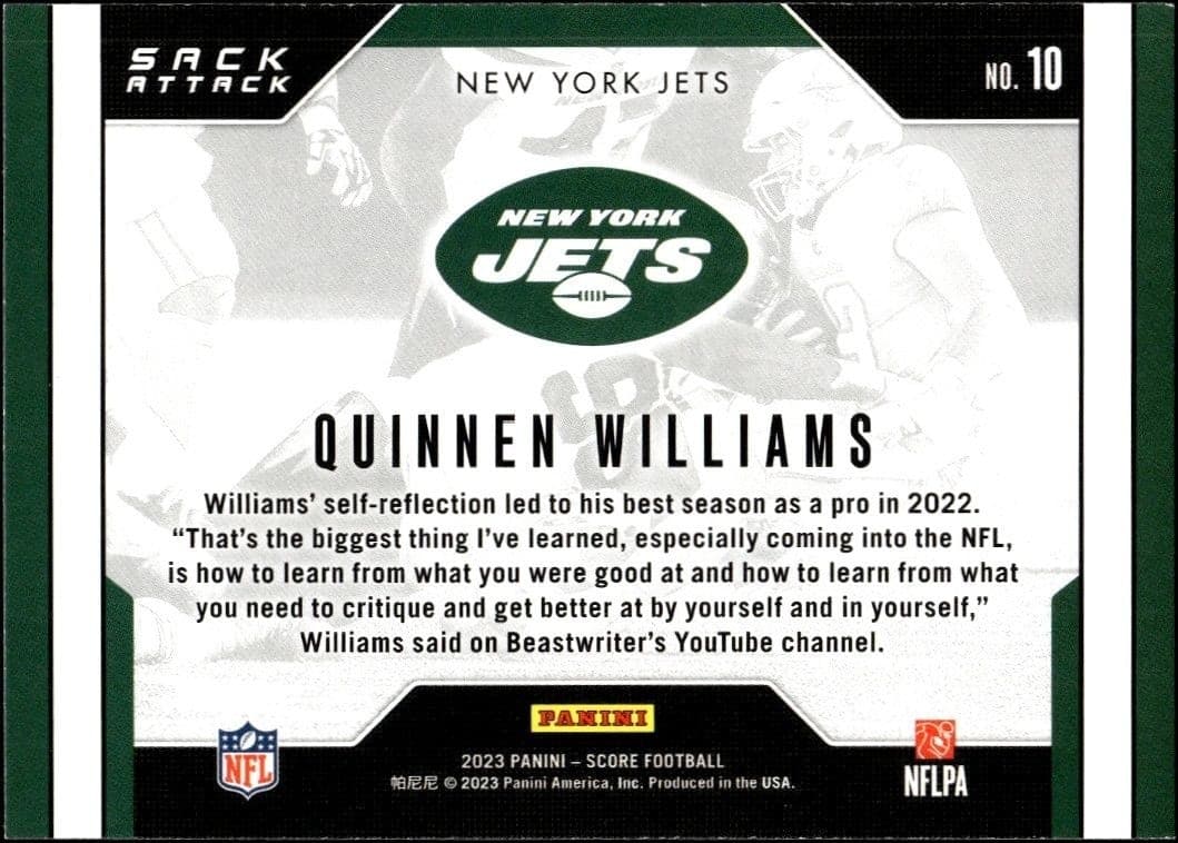 2023 Panini Score Quinnen Williams #10 football trading card back